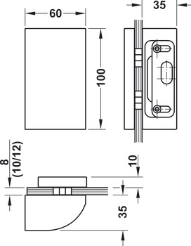 Strike patch, for sliding door lock with compass bolt, for glass to wall connection