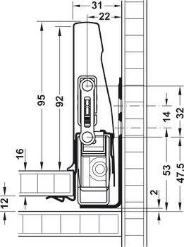 Drawer side runner system, Moovit Moove, set, steel, drawer side height 115 mm, 50 kg, packed in boxes