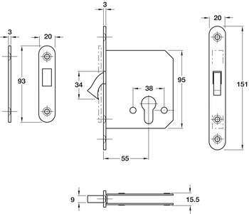 Mortise lock, for sliding doors, with compass bolt, profile cylinder