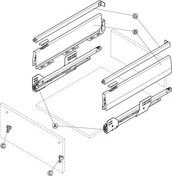 Drawer side runner system, Häfele Matrix Box P50, with rectangular side railing, drawer side height 115 mm, load bearing capacity 50 kg