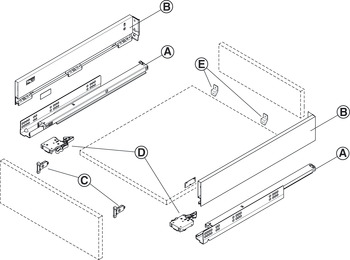 Drawer side runner system, Häfele Matrix Box Slim A, drawer side height 89 mm, load bearing capacity 30 kg, with self closing and soft closing mechanisms