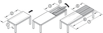 Ball bearing runners, for 2 or 3 folding extension leaves, asynchronous, for tables without frame