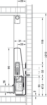 Drawer side runner system, Häfele Matrix Box P35, with rectangular side railing, drawer side height 115 mm, load bearing capacity 35 kg
