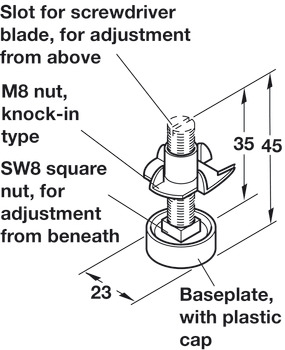 Adjusting screw, M8 thread, rigid, with T-nut