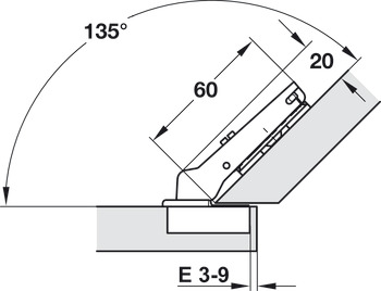 Concealed hinge, Häfele Metalla 510 A/SM 110°, for 45° corner application, overlay