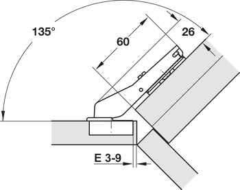Concealed hinge, Häfele Metalla 510 A/SM 110°, for 45° corner application, for flush fitted front