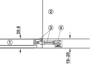 Flap hinge, Häfele Minifix®, 90°, for aluminium frames
