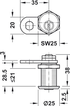 拨片锁, 带弹子锁芯，螺母固定，门厚 ≤21 mm，定制标准型材