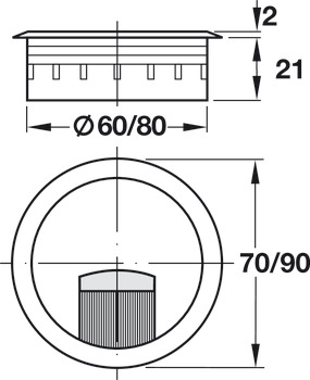 过线盒, 开孔直径 Ø 60 mm或Ø 80 mm