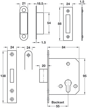 单方舌锁体, 适用于装有平合页的门扇，Startec，欧标锁芯