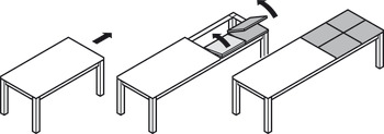 双向开启滑轨, 适合 1 或 2 节折叠扩展桌板，适合无框桌