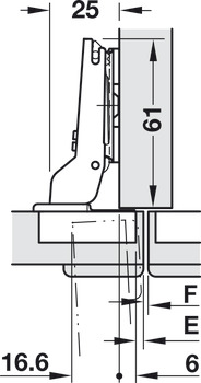 隐藏式铰链, Häfele Duomatic 94°，适合厚门和型材门，厚度最大为 35 mm，半盖铰链/双门铰链